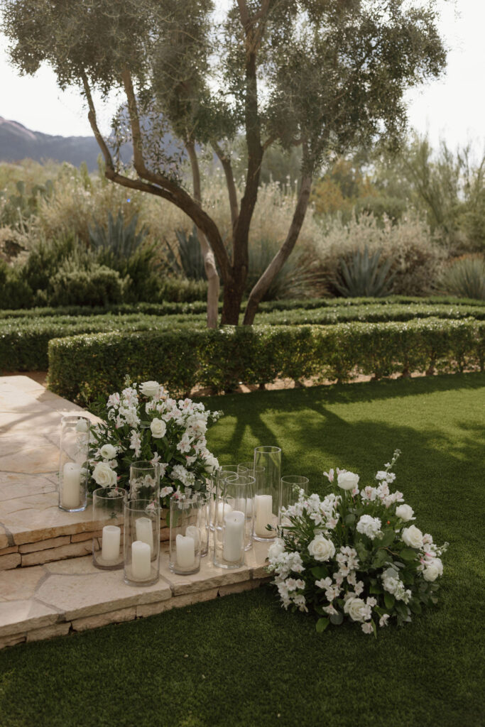 all white wedding details at ceremony during wedding at el chorro lodge in pheonix